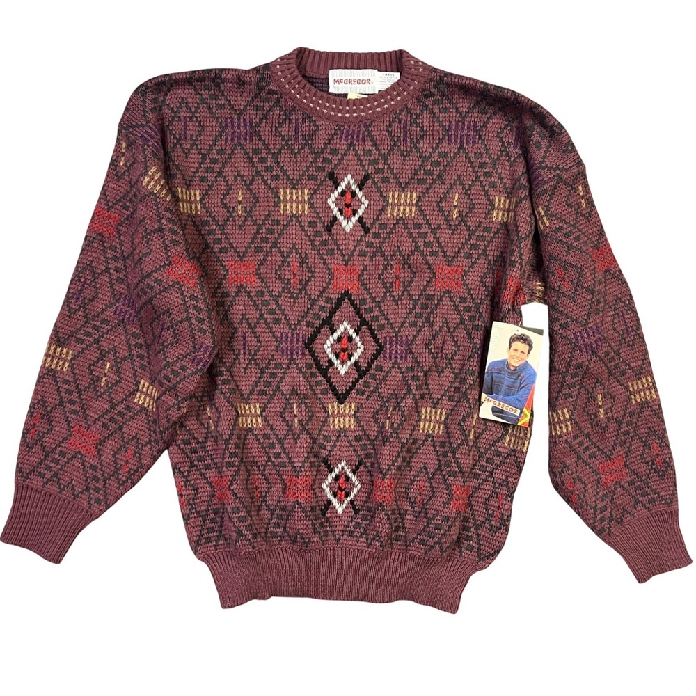 Vintage McGregor Sweater Mens L Burgundy Geometric Diamond Grandpa 80s 90s New - Picture 2 of 8